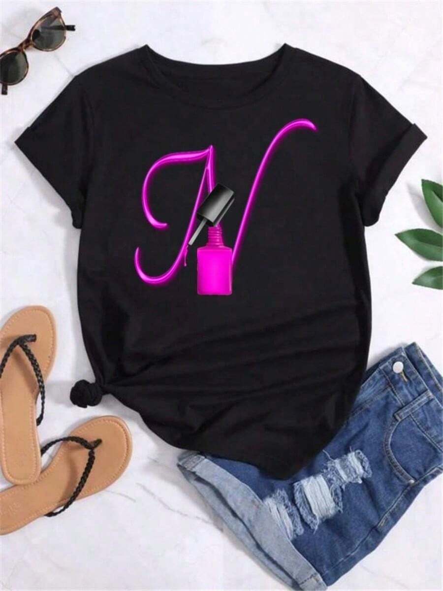 New Fashionable Women's T-Shirt By Maycaur With Personalized Name And Letter Combination, Nail Polish Style, Letter Types A B C D E F G, Short Sleeve, Women's Tops - 黑色 - 查看 1