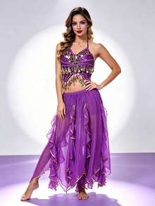 Professional Belly Dance Embroidered Coin Fringe Halter Crop Top, Elastic Waist Gold Trim Chiffon Skirt For Dance Training, Shows And Competitions - Multicolor - View 1