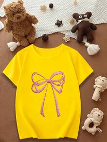 Camiseta de verano para niñas con estampado de imitación de bordado, diseño único de manga corta para niños, ideal como regalo. - Amarillo - Ver 1
