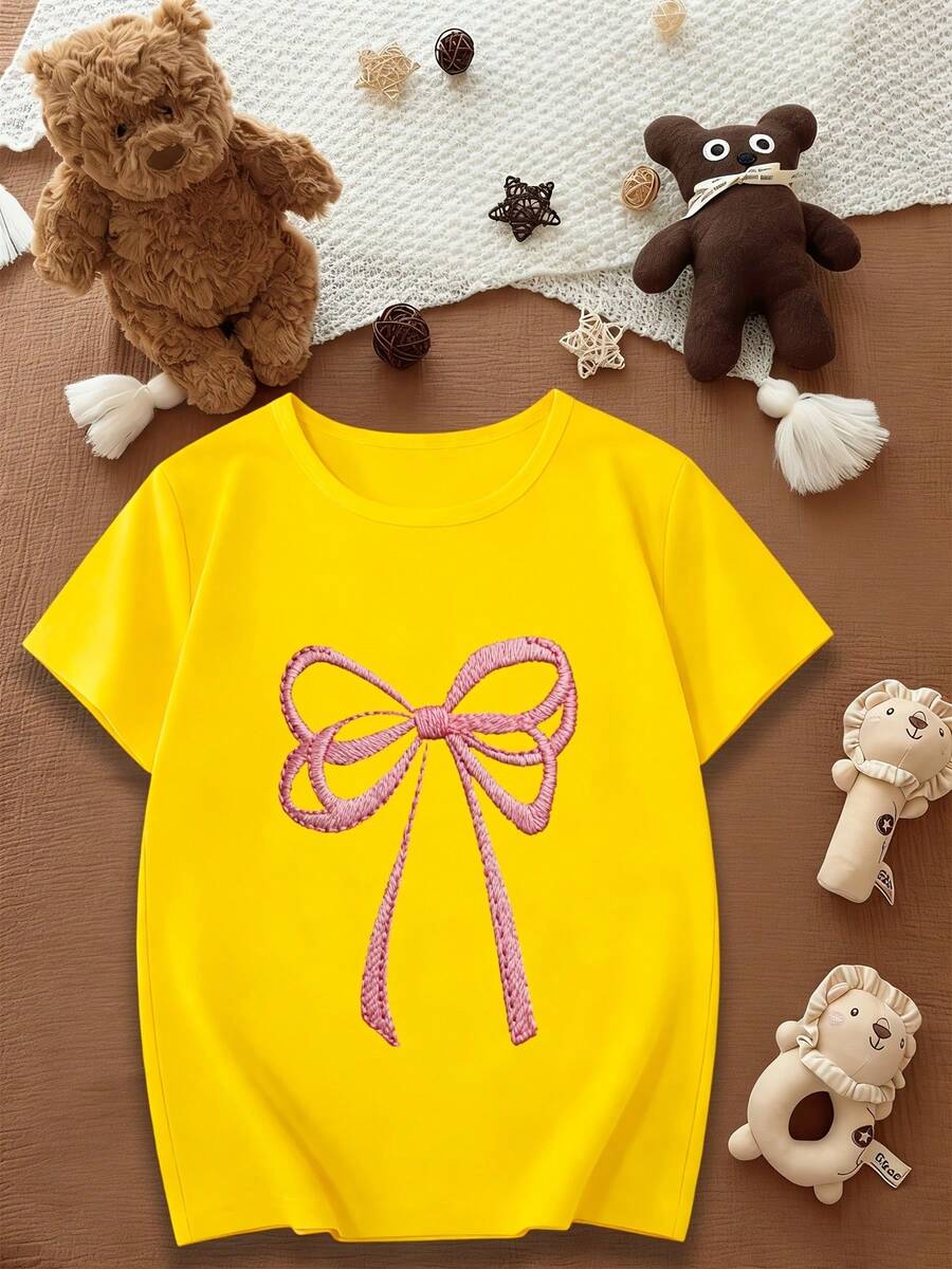 Camiseta de verano para niñas con estampado de imitación de bordado, diseño único de manga corta para niños, ideal como regalo. - Amarillo - Ver 1