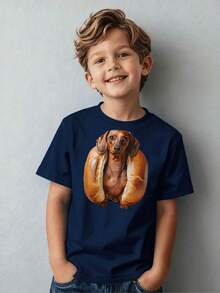 Short-Sleeved Children's Clothing, Casual And Fashionable T-Shirt With Sausage Dog And Hot Dog Bun Print, Suitable For Children Aged 5-13 Years, For Daily Wear, Holiday Gift. - 黑色 - 查看 11