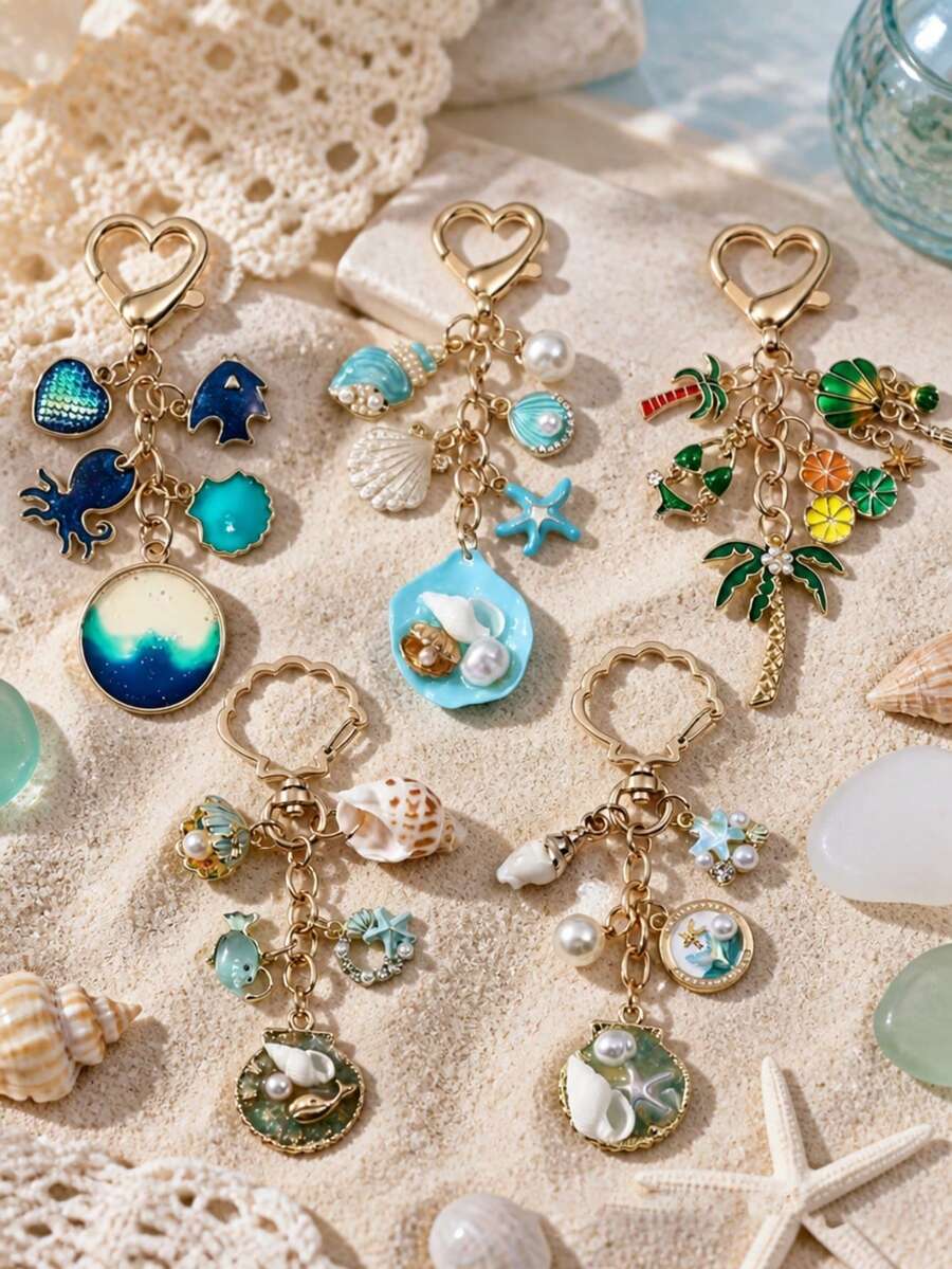 1 buah Gantungan Kunci Paduan Seng Bertema Laut, Gantungan Kunci Liontin Kerang dan Bintang Laut Enamel, Dekorasi Tas Ransel dan Tas Pelajar - MultiWarna - View 1