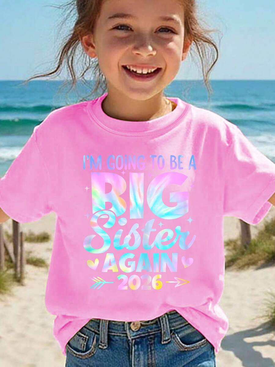 Girls' Short-Sleeved T-Shirt, Summer Fashion, With Laser-Engraved Letter Print "I Want To Be The Big Sister Again 2026", Versatile Casual Top NY-DX8994 - 藍色 - 查看 1