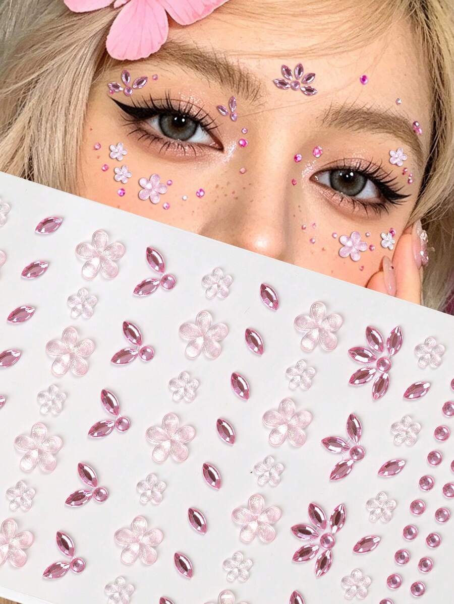 Pink Flower 3D Glitter Face Gems Y2K Self-Adhesive Rhinestones, DIY Concert Disco Party Shiny Face Decoration - Pink - View 1