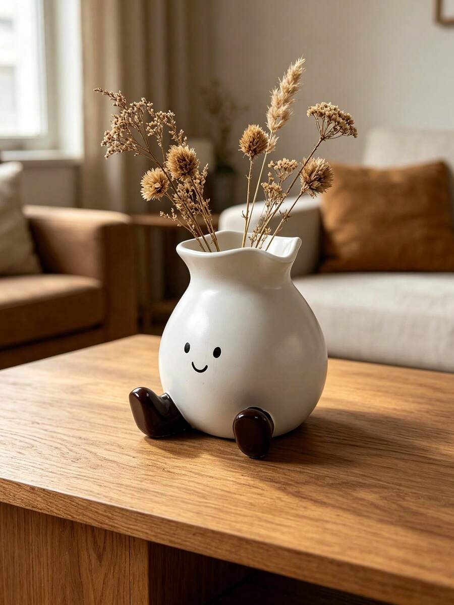 1pc Nordic Style Cute Smiling Face Resin Vase With Feet - Entryway And Bookshelf Decor, Soft Home Accent | Home Decor, Room Decor, Bohemian Style Decor, Desktop Decor, Cute Collectible, Unique Gift - New Model - View 1
