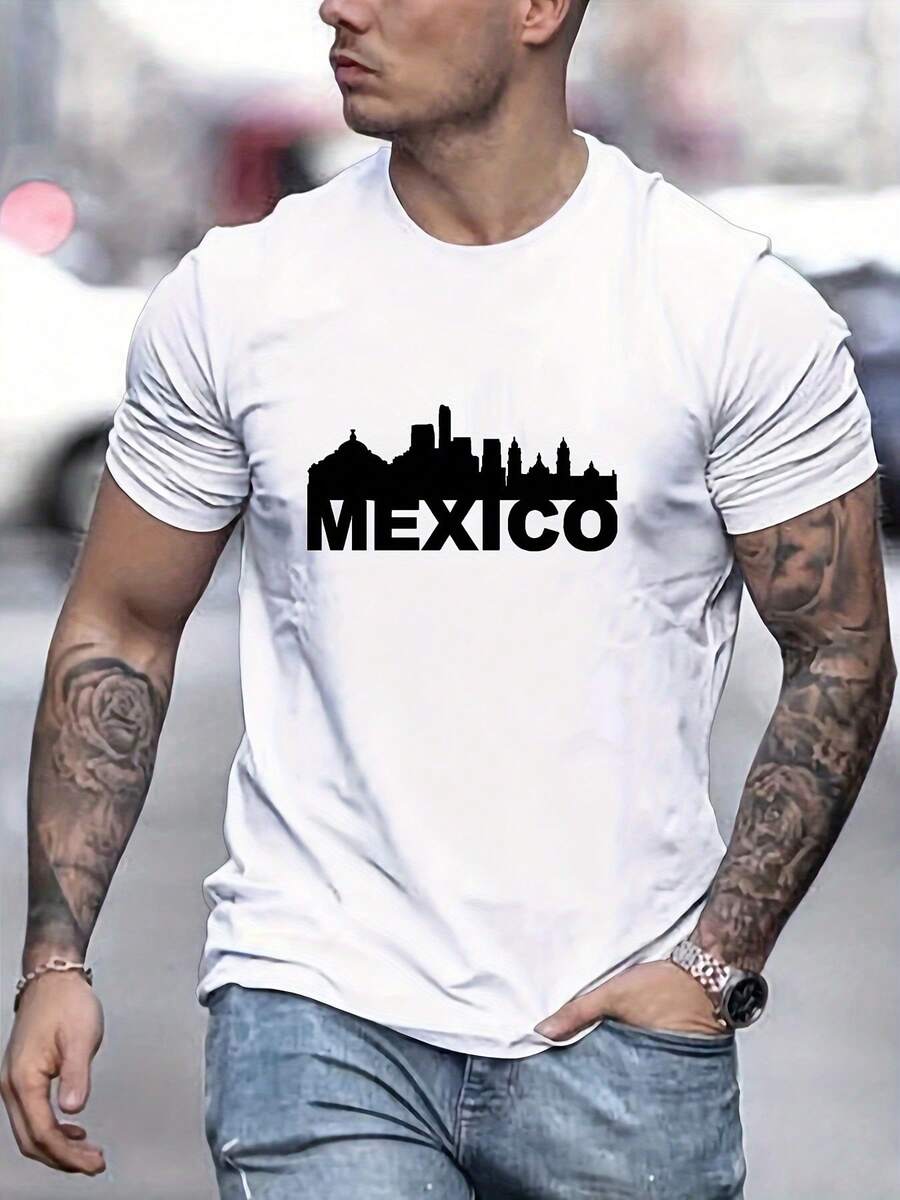 Men's Casual Crew Neck T-Shirt, With Silhouette Design, For Spring, Summer And Autumn, Soft. - 白色 - 查看 1