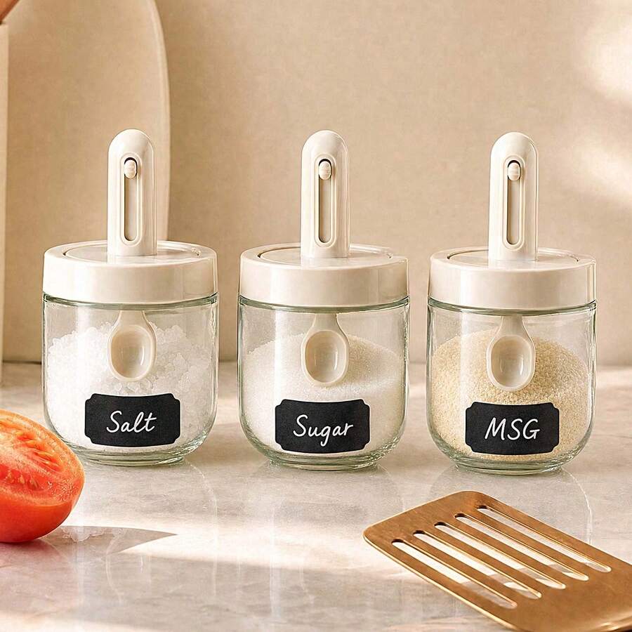 Set Toples Bumbu Kaca 5 Buah/Set, Wadah Bumbu Kedap Air 300ml, Kotak Bumbu, Sendok dan Tutup Terintegrasi, Wadah Bumbu, Mangkuk Garam dan Gula, Alat Penyimpanan Dapur, Perlengkapan Dapur - MultiWarna - View 1