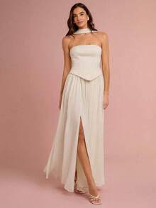 Vestido midi con abertura alta y sin tirantes elegante para mujer, color rosa - verde menta - Ver 7