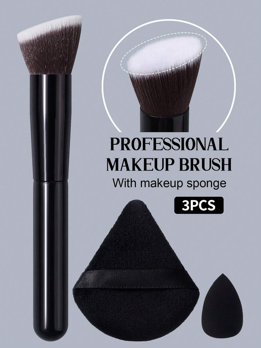 3pcs Makeup Tool Set With Large Powder Brush, Triangle Powder Puff, Mini Makeup Sponge, Black Wooden Handle, Full Set For Setting And Base Makeup, Multi-Functional Makeup Kit
