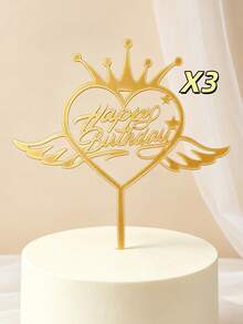 3pcs Gold Mirror Acrylic Happy Birthday Cake Topper With Heart, Crown & Angel Wing Frame, Elegant Cursive Letter With Stick For Cake Top Decoration, Birthday Party, Festive Celebration Cake Decor Supplies - A - View 8