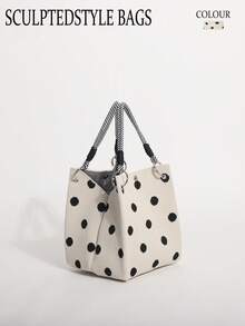 1pc Black & White Contrast Polka Dot Women's Handbag, Woven Fabric Bucket Bag With Round Ring Braided Handle, Suitable For Outing, Shopping Or Commuting (Handle Needs Self-Assembly) - Black and White - View 10