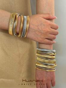 2 Elastic Cord Bracelets With Gold And Silver Color Blocks, European And American Style, 5-Piece Set, Simple And Versatile INS Style, Fashionable Bracelets For Everyday Wear - Aneka warna 5 - View 1