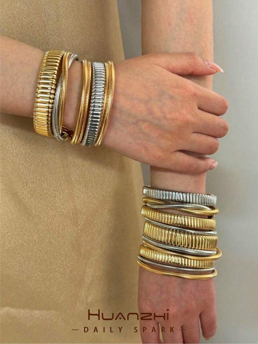 2 Elastic Cord Bracelets With Gold And Silver Color Blocks, European And American Style, 5-Piece Set, Simple And Versatile INS Style, Fashionable Bracelets For Everyday Wear - Aneka warna 5 - View 1
