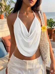 Top de cuello halter para sin espalda con fornteras drapeadas y diseño sólido - Blanco 2 - Ver 1