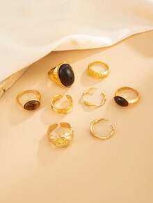 8pcs Vintage Oval Amber Thick Gold Stackable Ring Set, Asymmetrical Hammered Metal Twisted Thin Rings, Multi-Layer Women's Daily Wear Finger Jewelry - Light Gold - View 4