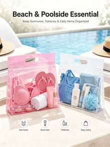 Frosted PVC Travel Storage Bag With Handle, Semi-Transparent Zipper Organizer Bag, Suitable For Underwear, Swimwear, Socks, Toiletries, Cosmetics, Gym Clothes, Beach, Pool, Travel And Home Use, 28 X 25 X 8 Cm - Multicolor - View 3