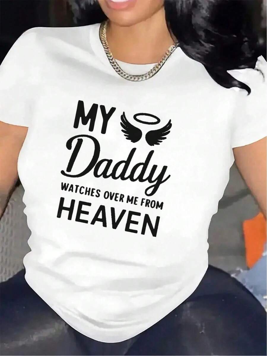 Summer 2026 Men's Fashion Casual T-Shirt With Letter Print, Featuring The Design "Dad In Heaven Is Watching Me". | Suitable For Home Or Outdoor Wear, Durable And Comfortable, It Is - 白色 - 查看 1