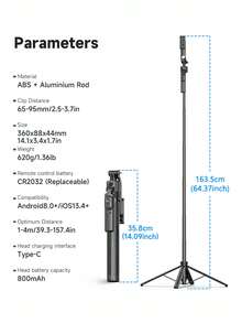 AXNEN Tripod Stabil Pelacak Wajah AI Cerdas untuk Smartphone, Tongkat Selfie Bluetooth, Stabilizer Ponsel, Tongkat Selfie Bluetooth Aluminium 3-in-1 yang Dapat Diperpanjang, Untuk iPhone 16/15/14/13/12 Pro, Ponsel Android, Hitam - Satu-Ukuran - View 10