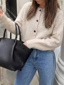 French Minimalist Solid Color Single-Breasted Knit Cardigan, New Beige Soft Slouchy Round Neck Long Sleeve Casual Autumn Sweater, Simple Versatile Knit Top - Apricot - View 3