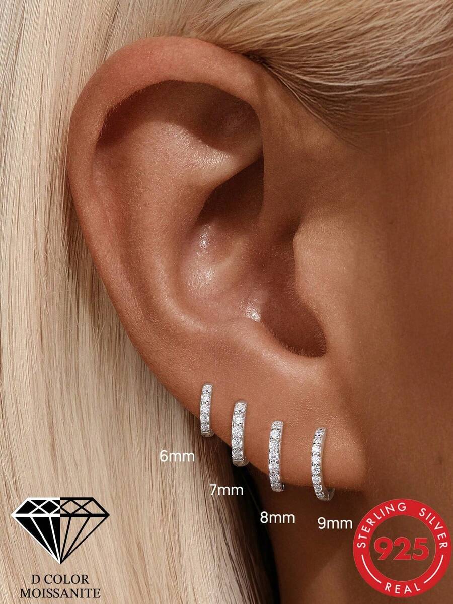 1件裝奢華D-VVS1莫桑石Huggie耳環,925純銀耳環 18K白金電鍍 低過敏性 女款男款通用 婚禮珠寶禮物 - 銀色 - 查看 1