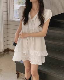 New Korean-Style Summer Collection For 2026: A Sweet And Gentle Mini Dress With Double Ruffles And A Ribbon Tie, Featuring A Half-Open Collar. - White - View 5