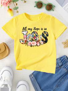 Girls' Round Neck T-Shirt With Letter And Flower Print "All My Hope Is In Jesus", Sweet And Versatile. - Burgundy - View 2