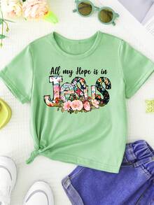 Girls' Round Neck T-Shirt With Letter And Flower Print "All My Hope Is In Jesus", Sweet And Versatile. - Green - View 2