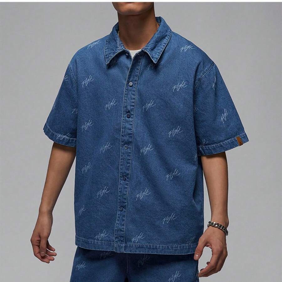 Nike/Jordan Flight Men's Denim Casual Short Sleeve Shirt FN4654-436 - Navy Blue - View 1