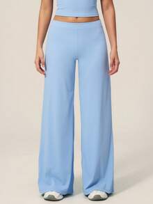 TimeOff 1 pièce Pantalon large fluide de couleur unie pour femmes - Bleu azur - Voir 5