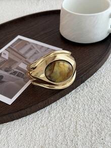 1pc Heavy-Duty Geometric Exaggerated Inlaid Resin Faux Gemstone Charm Jewelry Metal Asymmetrical Large Water Drop Spring Cuff Bracelet, Vintage Fashion, Luxurious Light Luxury, Wedding Banquet, Vacation Party, Daily Casual, Street Style, Women Couples Holiday Birthday Versatile Bracelet Gift - Bracelet - View 9