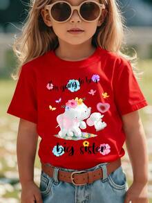 Girls' Short-Sleeved T-Shirt, Summer Style, With "I'm Going To Be A Big Sister" Print And Two Cute Cartoon Elephants, Casual And Versatile Top NY-DX9297 - 酒紅色 - 查看 10