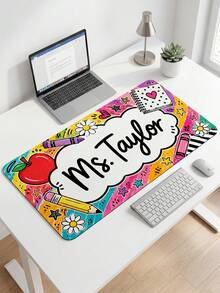 1pc Custom Teacher Name Black Speckle Desk Mat, Daisy Pencil Border Large Extended Non Slip Office Computer Mouse Pad, Teacher Appreciation Gift - Multicolor - View 7