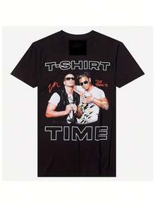 [Camiseta Jersey Shore] Camiseta gráfica de Jersey Shore con estampado de Vinnie y DJ Pauly D - Camiseta negra con estampado "IT's TIME", camiseta casual de manga corta y cuello redondo para - Negro - Ver 1