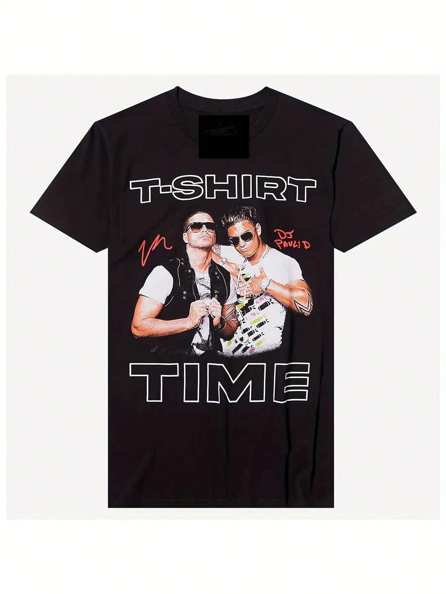 [Camiseta Jersey Shore] Camiseta gráfica de Jersey Shore con estampado de Vinnie y DJ Pauly D - Camiseta negra con estampado "IT's TIME", camiseta casual de manga corta y cuello redondo para - Negro - Ver 1