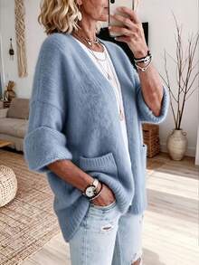 Plus Size Women's Solid Color Elegant Knit Cardigan Sweater With Pockets Fall - Baby Blue - View 2