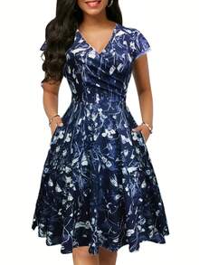 Midi Dress With Pocket And V-Neck, Elegant Floral Print For Spring, Summer And Autumn - Blue - View 3
