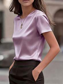 Elegant Women's Plain-Colored Fitted T-Shirt, Formal For The Office - 淺紫色 - 查看 3