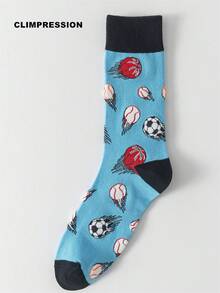CLIMPRESSION Cotton Unisex Creative Multi-Sport Ball Mid-Calf Socks, Light Blue Basketball Baseball Football Pattern Mid-Calf Socks - Baby Blue - View 3