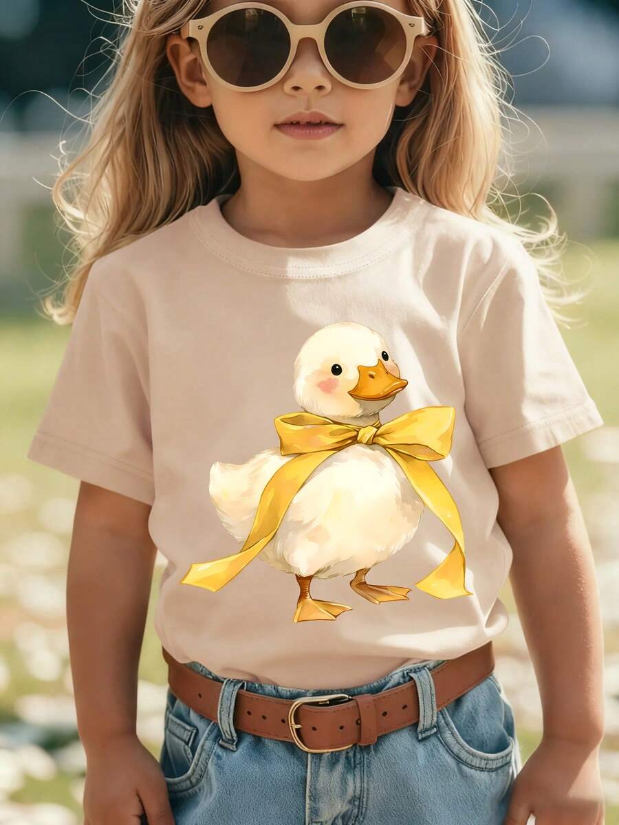 Girls' Short-Sleeved T-Shirt, Summer Style, With "Duckling With Bow" Cartoon Print, Versatile Casual Top NY-DX9851 - 卡其色 - 查看 1