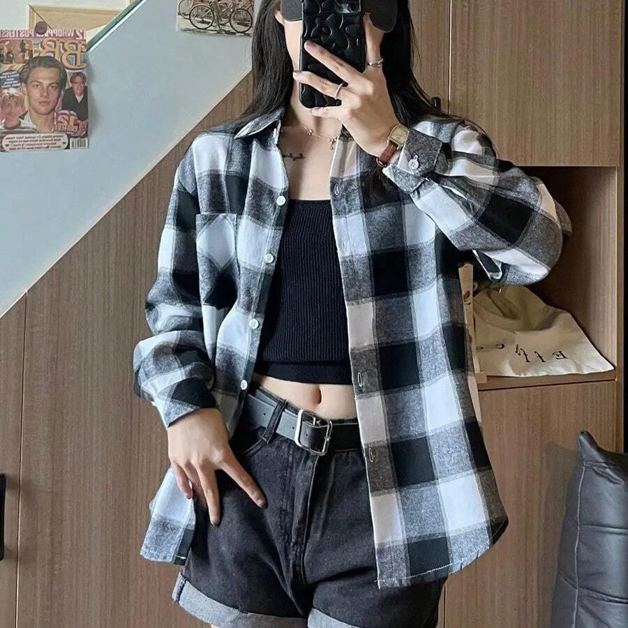 Home Vacation Casual Plaid Shirt Female Students Korean Version Loose Collar Long Sleeve Shirt Thin Jacket Blouse Female Jacket - 白色 - 查看 1