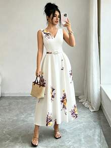 Vuslat Women's Summer White Base Yellow-Purple Gradient Floral Sleeveless V-Neck Belted Waist Flared Midi Dress, Cream White Base Scattered Watercolor Yellow-Purple Large Rose Floral Print Pattern, Smooth Drape Texture, Suitable For Independence Day, Lakeside Boat Trip, Island Vacation, Garden Afternoon Tea, Small Town Street Photography, Light Party Date Outfit, Holiday Wear - Multicolor - View 4