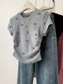 Resyla Versatile Short Sleeve Blouse With Gathered Waist, All-Over Cherry Print, For Summer - Gray - View 1