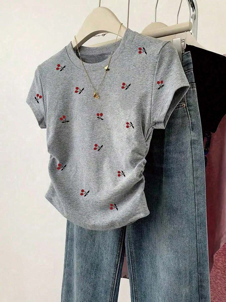 Resyla Versatile Short Sleeve Blouse With Gathered Waist, All-Over Cherry Print, For Summer - Gray - View 1