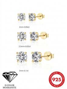 1pc 0.1ct Moissanite Stud Earrings 18K Gold Plated 925 Sterling Silver Flat Back Earrings Unisex D Color VVS1 Clarity - Gold - View 2