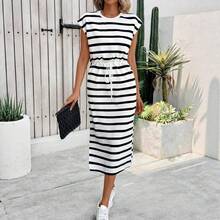 Nuevo vestido midi a rayas de manga corta para primavera/verano: estilo elegante y corte que estiliza la figura. - Blanco - Ver 2