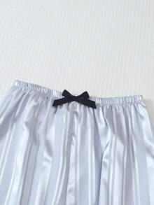 2 Peças/Conjunto Pijama Feminino de Cetim Listrado, Top de Manga Longa com Gola e Calça Longa com Laço, Conjunto de Roupa de Dormir e Roupa de Casa Casual - Cinza - Visão 6