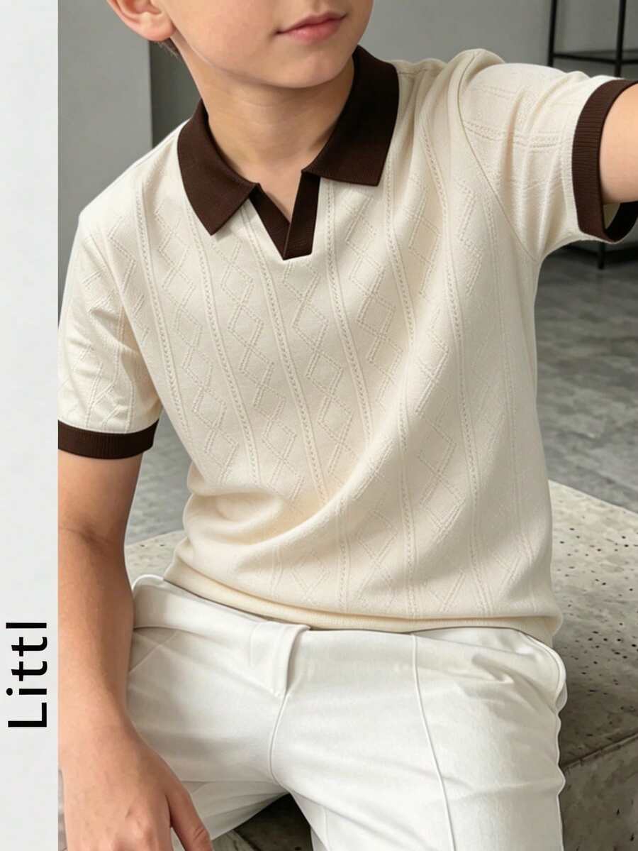 Boys' V-Neck Polo Collar Contrast Cuff Knit Shirt, Lightweight Hollow Texture Short Sleeve Knit Sweater, Suitable For Spring And Summer - Apricot - View 1