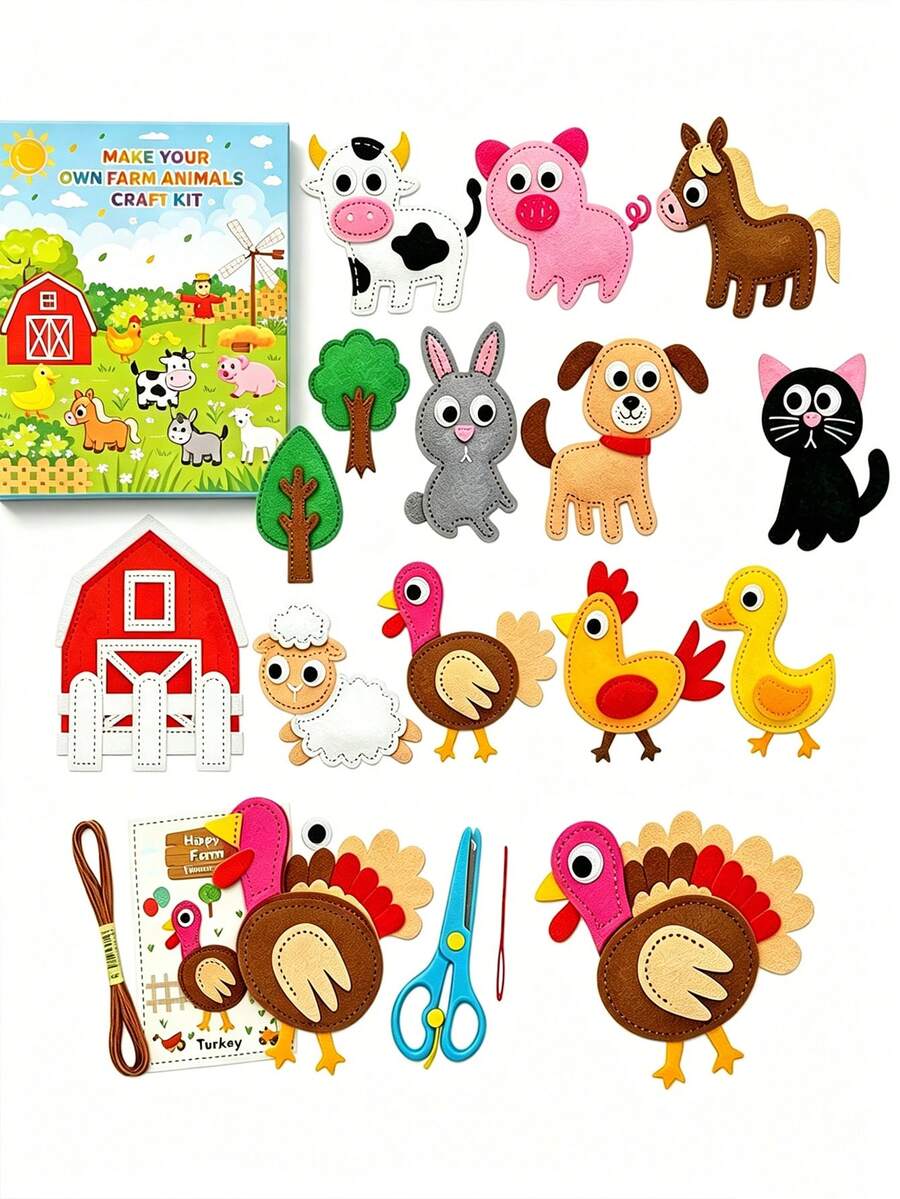 Juego de costura de animales de granja de 13 piezas, kit de costura para principiantes, juego de costura y manualidades DIY, kit de herramientas de arte y manualidades, juego educativo divertido, animales de fieltro hechos a mano - paquete de 13 piezas - Ver 1