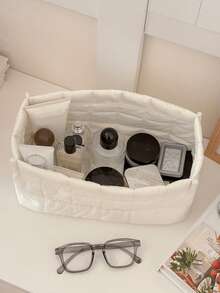 Pure White Quilted Storage Basket With English Slogan Embroidery, Foldable And Non-Collapsible, Multi-Purpose Fabric Desktop Organizer Bin For Living Room, Bedroom, Dorm, Student Essentials, Small Items - White - View 9