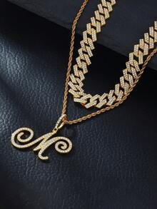 1pc Elegant Shiny Cursive Letter Pendant Necklace, Designed For Men, Combines Fashion And Luxury, Suitable For Parties, Banquets, Holiday Celebrations, Christmas And Other Occasions, Also Can Be Worn As Daily Wear Gift Jewelry, Versatile And Tasteful - Double-layered Hip-hop Letter Necklace - View 4